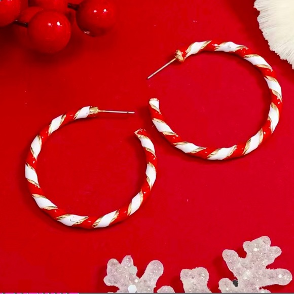 Enamel Spiral Pattern Hoop Candy Cane Alloy Earrings - Picture 2 of 4